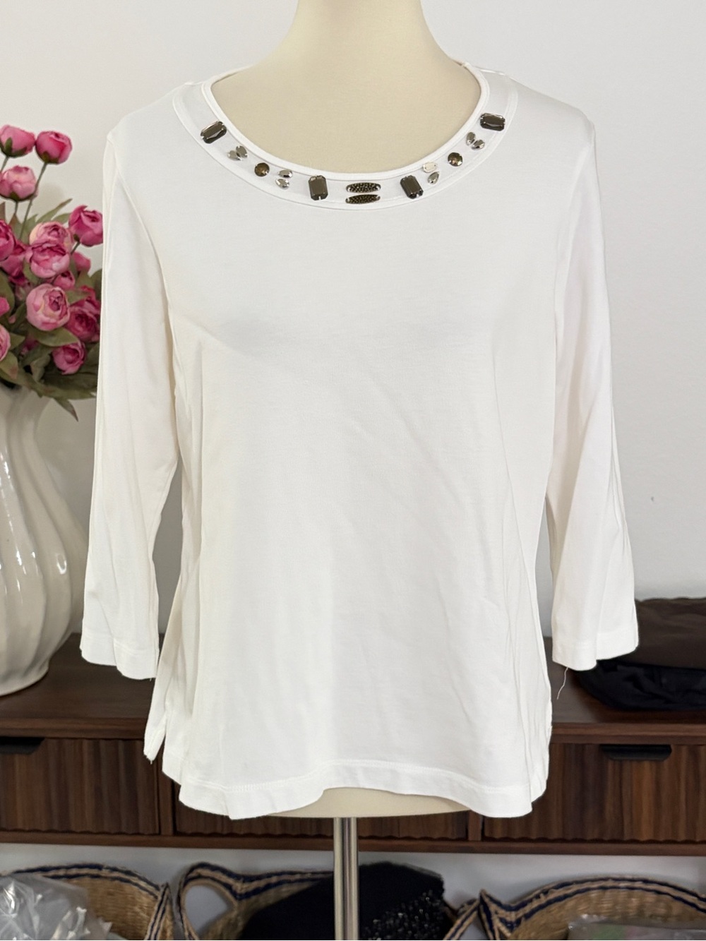 Sharon Young White Jeweled Neck Long Sleeve Tee